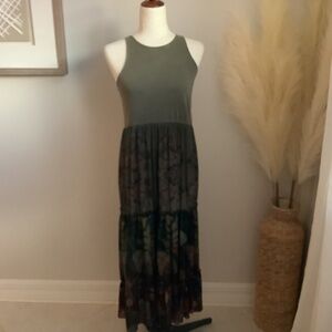 Desigual Tiered Floral and Olive Green Maxi Dress